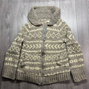 Vintage 70s Hand Knit Cotton Cowichan Style Full Zip Sweater Shawl Collar Taupe